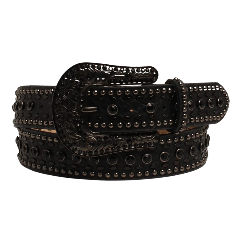 Nocona Women's Black Rhinestone Floral Tooled Leather Belt