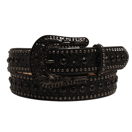 Nocona Women's Black Rhinestone Floral Tooled Leather Belt