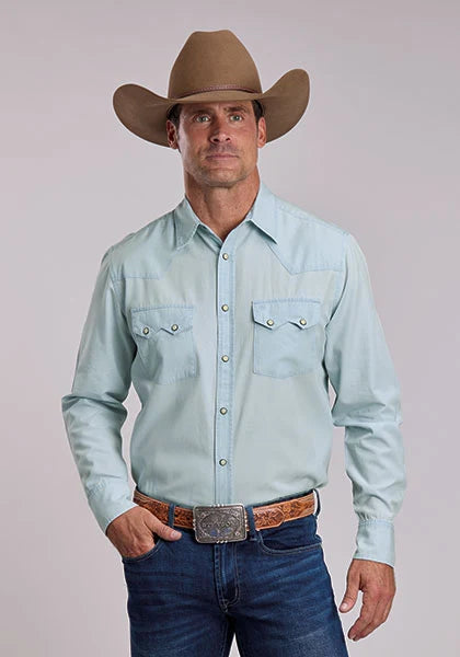 Stetson Men's Bleached Denim Chambray Snap Long Sleeve Shirt