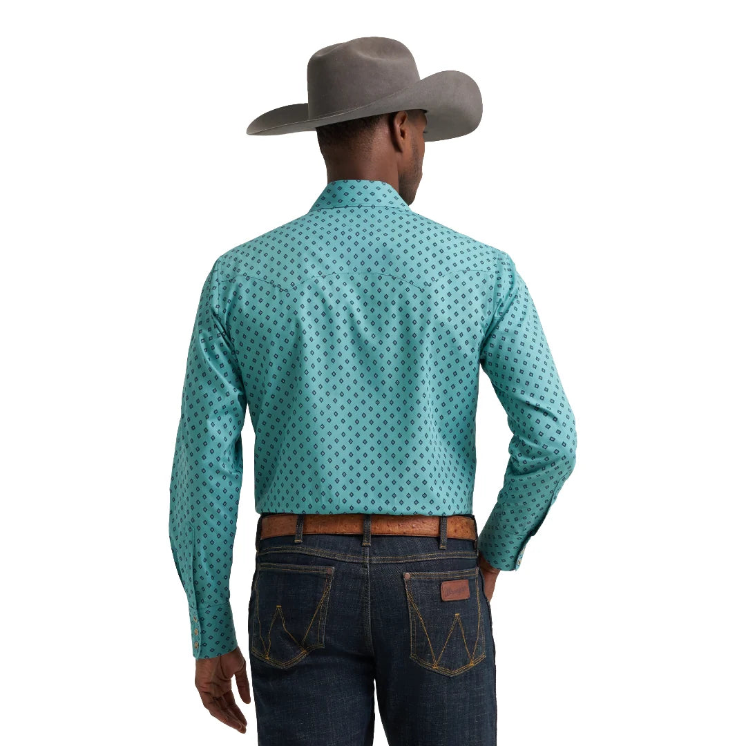 Wrangler Men's Blue Diamond Print Snap Long Sleeve Shirt