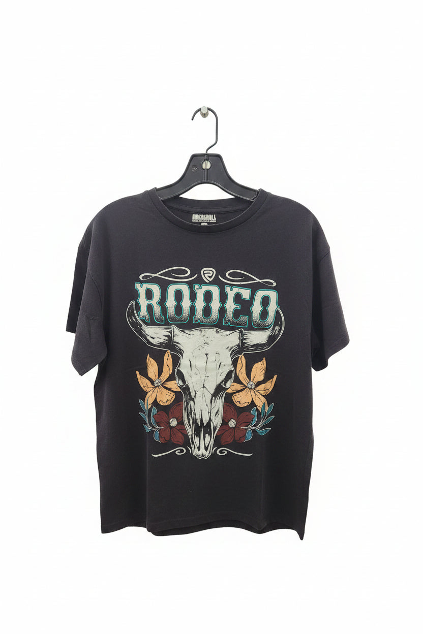 Rock & Roll Women's Black Rodeo Skull Head Oversize Graphic Tee Shirt