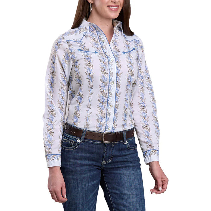 Roper Women's White Blue Piping Floral Snap Long Sleeve Shirt