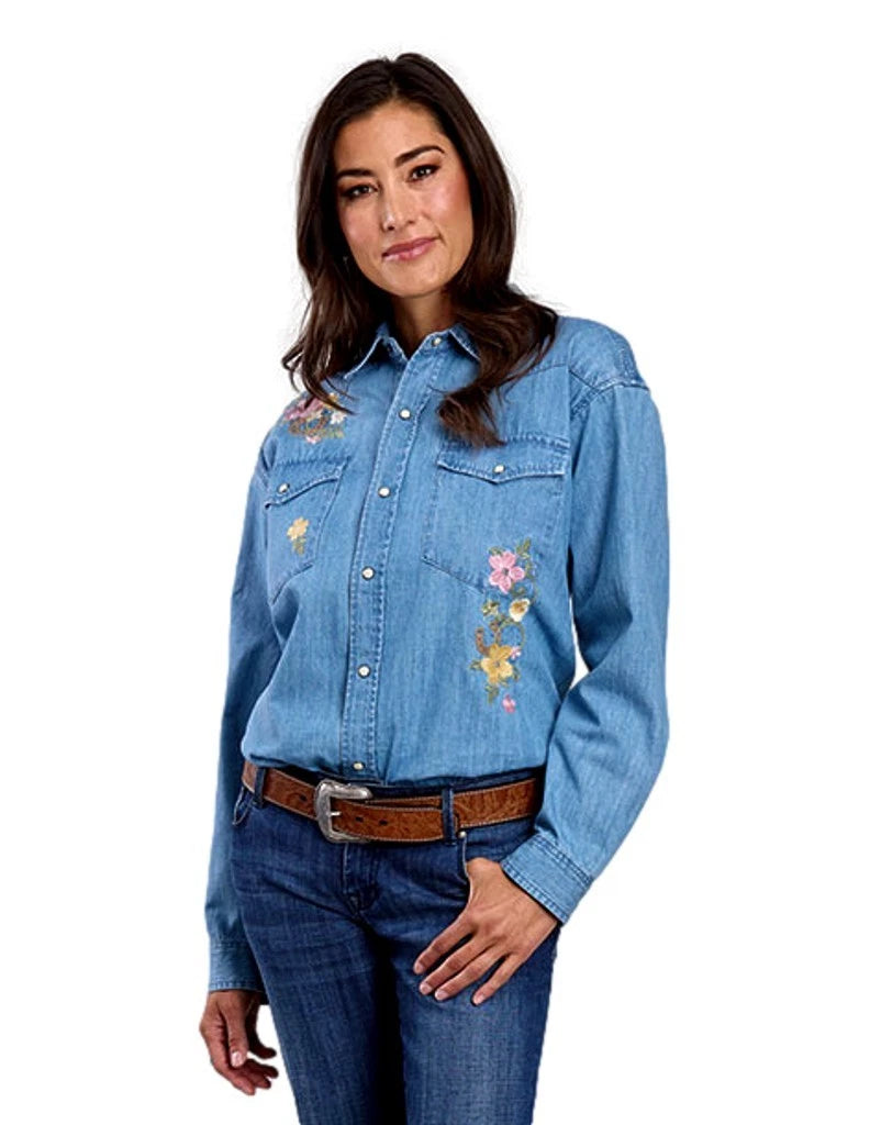 Stetson Women's Light Denim Floral Embroidery Snap Long Sleeve Shirt