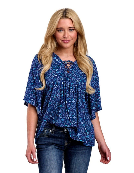 Roper Women's Blue Aztec Print Short Sleeve Blouse