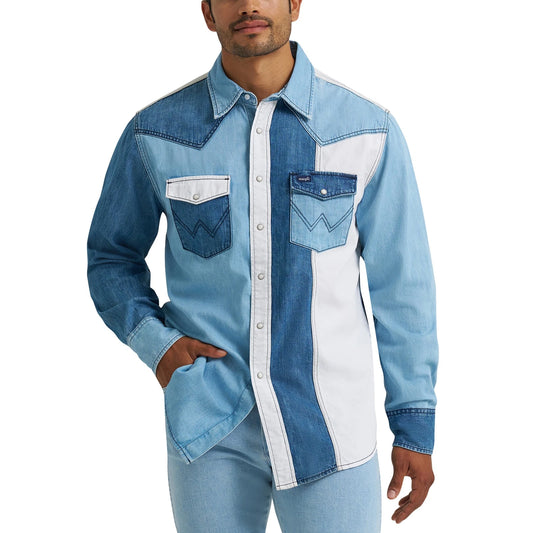 Wrangler Men's Color Block Denim Snap Long Sleeve Shirt