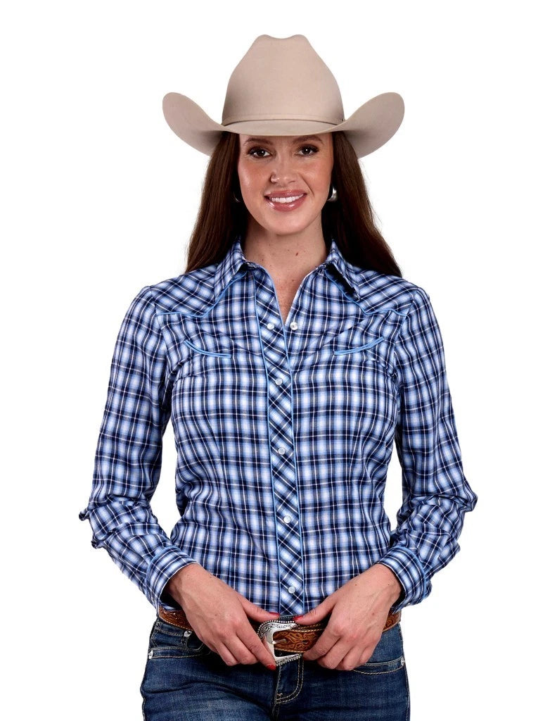 Roper Women's Multi Blue/White Windowpane Snap Long Sleeve Shirt