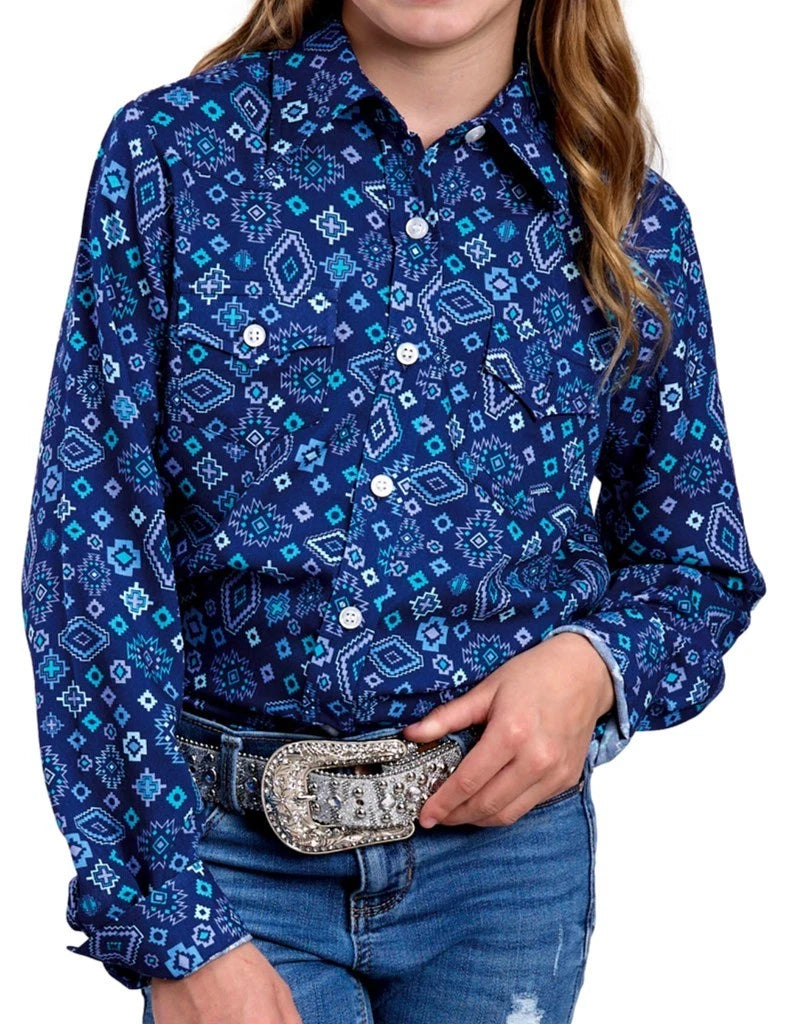 Roper Kid's Blue Aztec Print Button Up Long Sleeve Shirt