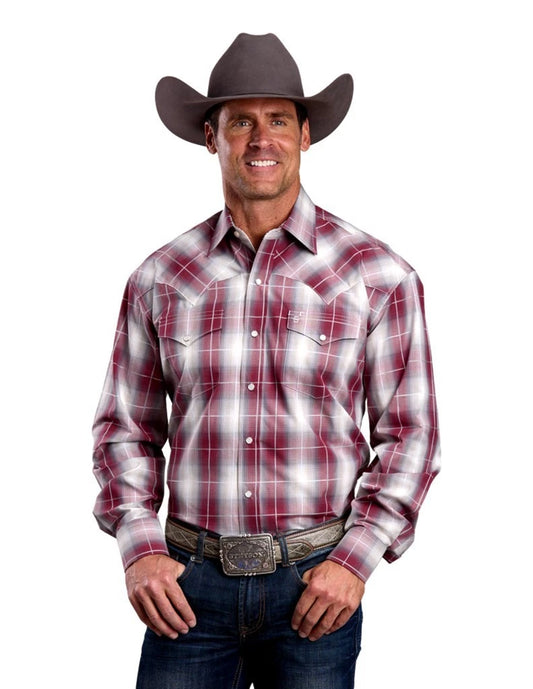 Stetson Men's Wine Ombre Plaid Long Sleeve Shirt