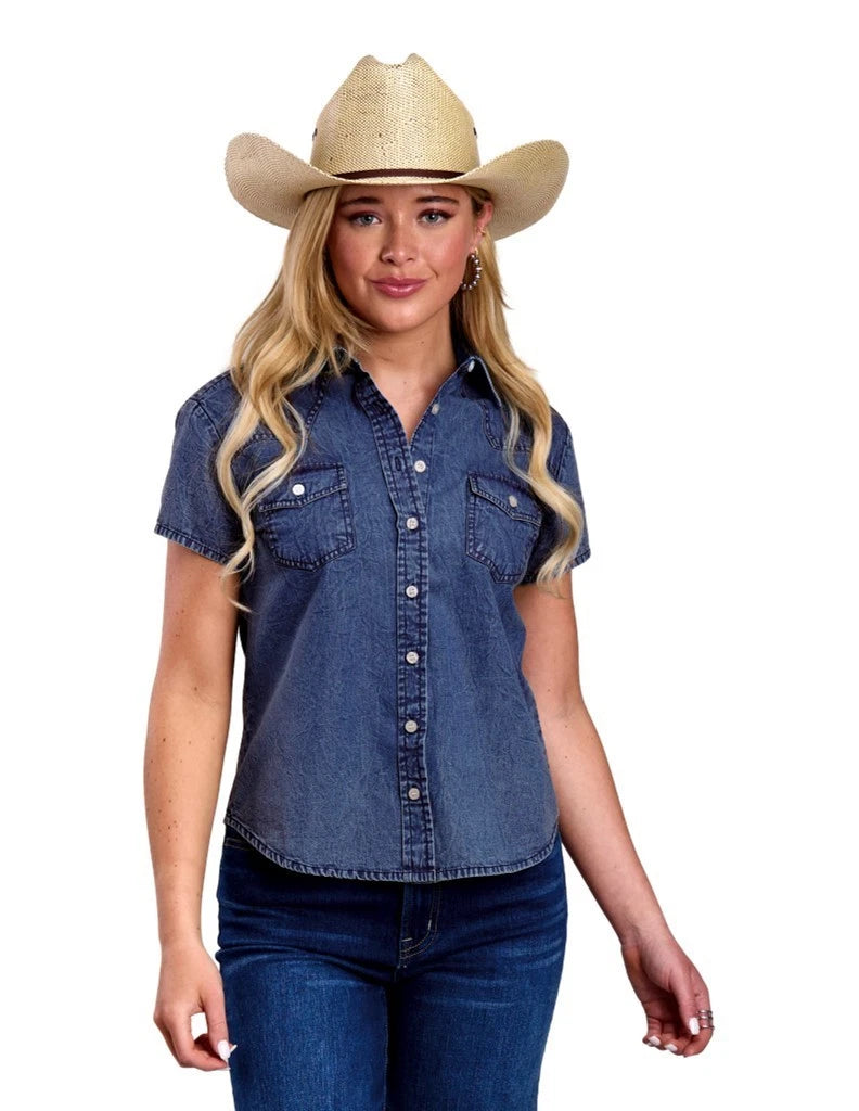 Roper Women's Denim Solid Western Button Up Short Sleeve Blouse