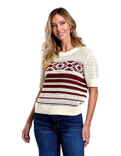 Stetson Women's White Knitted Sweater Short Sleeve Shirt