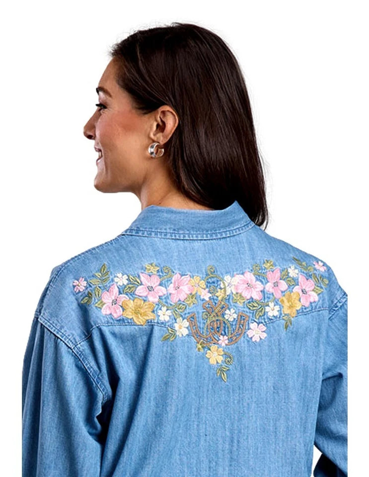 Stetson Women's Light Denim Floral Embroidery Snap Long Sleeve Shirt