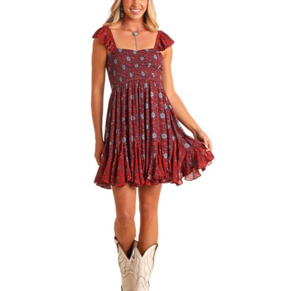 Rock & Roll Women's Burgundy Floral Godet Minidress