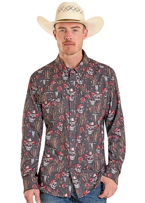 Rock And Roll Men's Novelty Skulls Tek Western Snap Long Sleeve Shirt