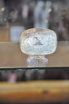 Initial Silver Engraved Gold Trim Western Belt Buckle